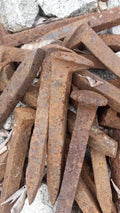 Railroad Spikes Dusted in Red Brick Dust.